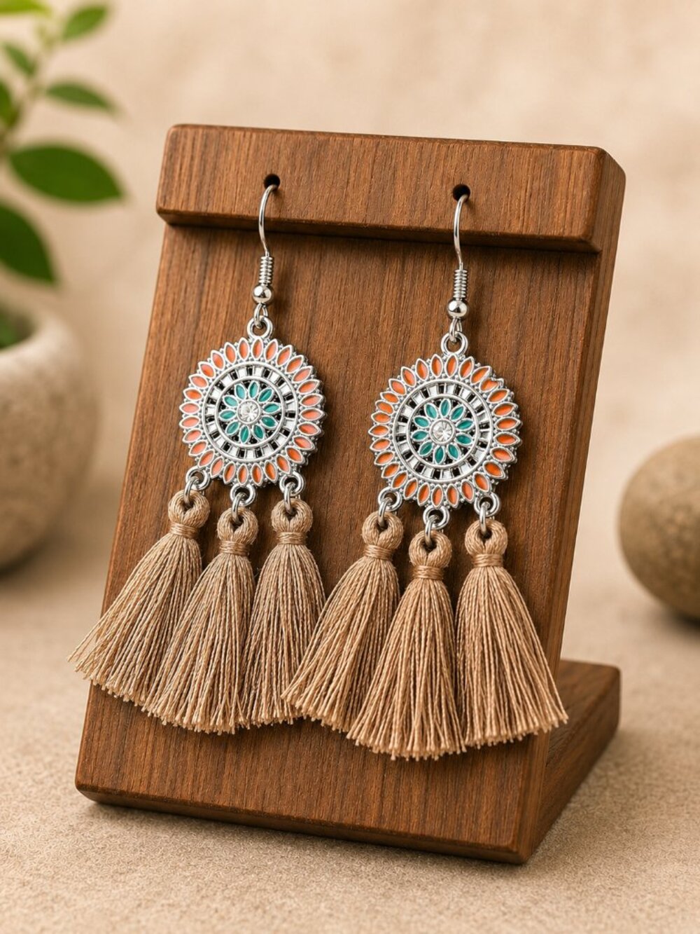 Bohemian Flower Tassel Fringe Drop Earrings Tan - Picture 1 of 6